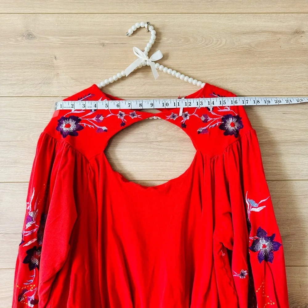 Free People Red Floral Embroidered Blouse